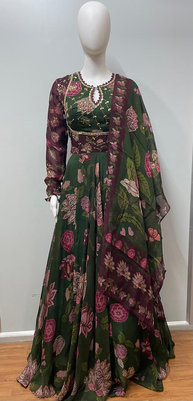 Forest Green Floral Printed Anarkali Ensemble