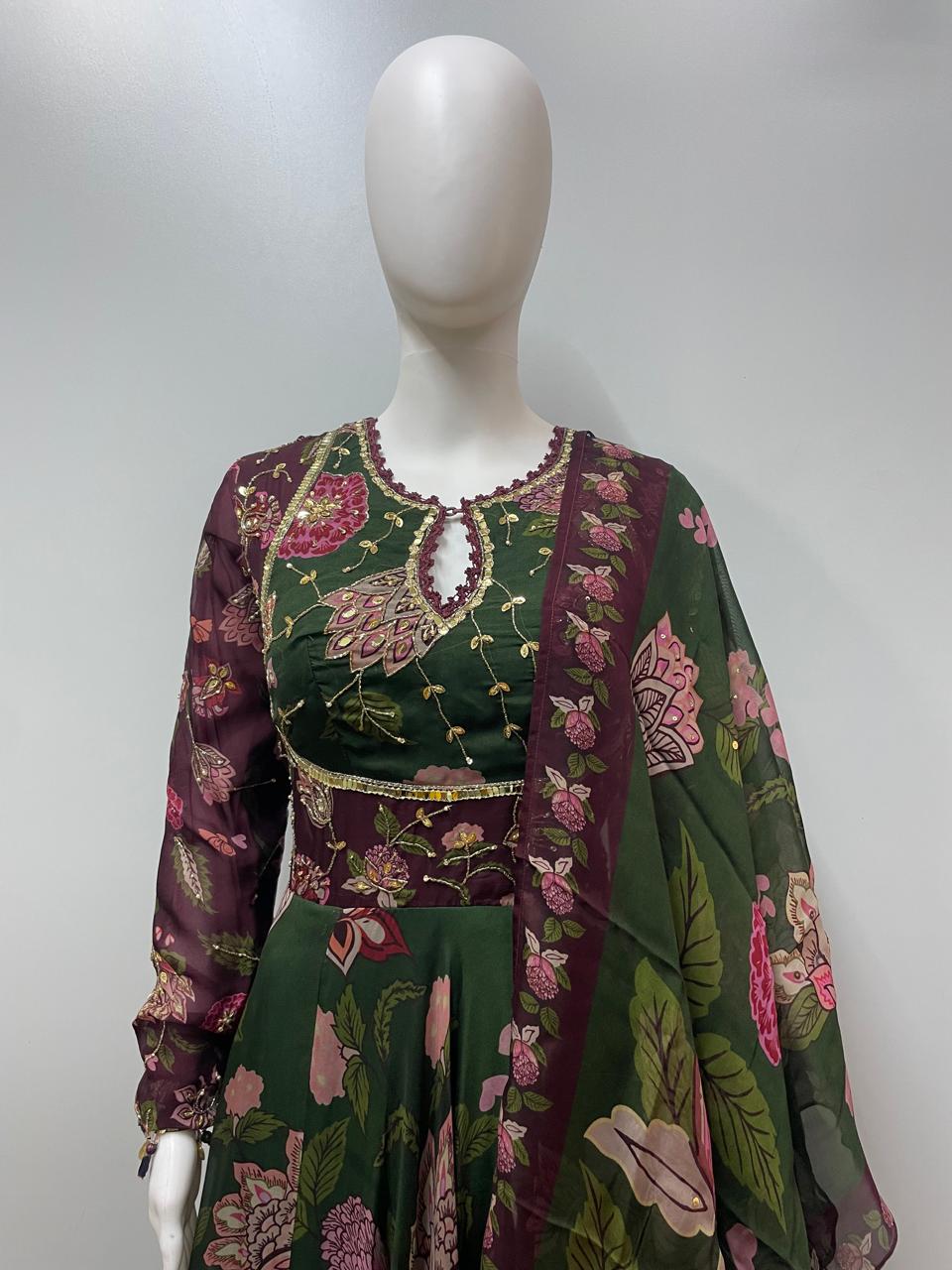 Forest Green Floral Printed Anarkali Ensemble