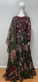 Forest Green Floral Printed Anarkali Ensemble