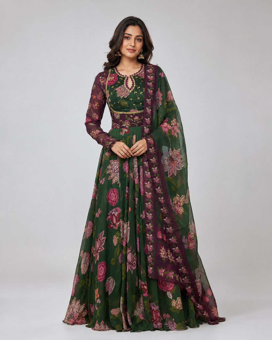 Forest Green Floral Printed Anarkali Ensemble