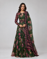 Forest Green Floral Printed Anarkali Ensemble