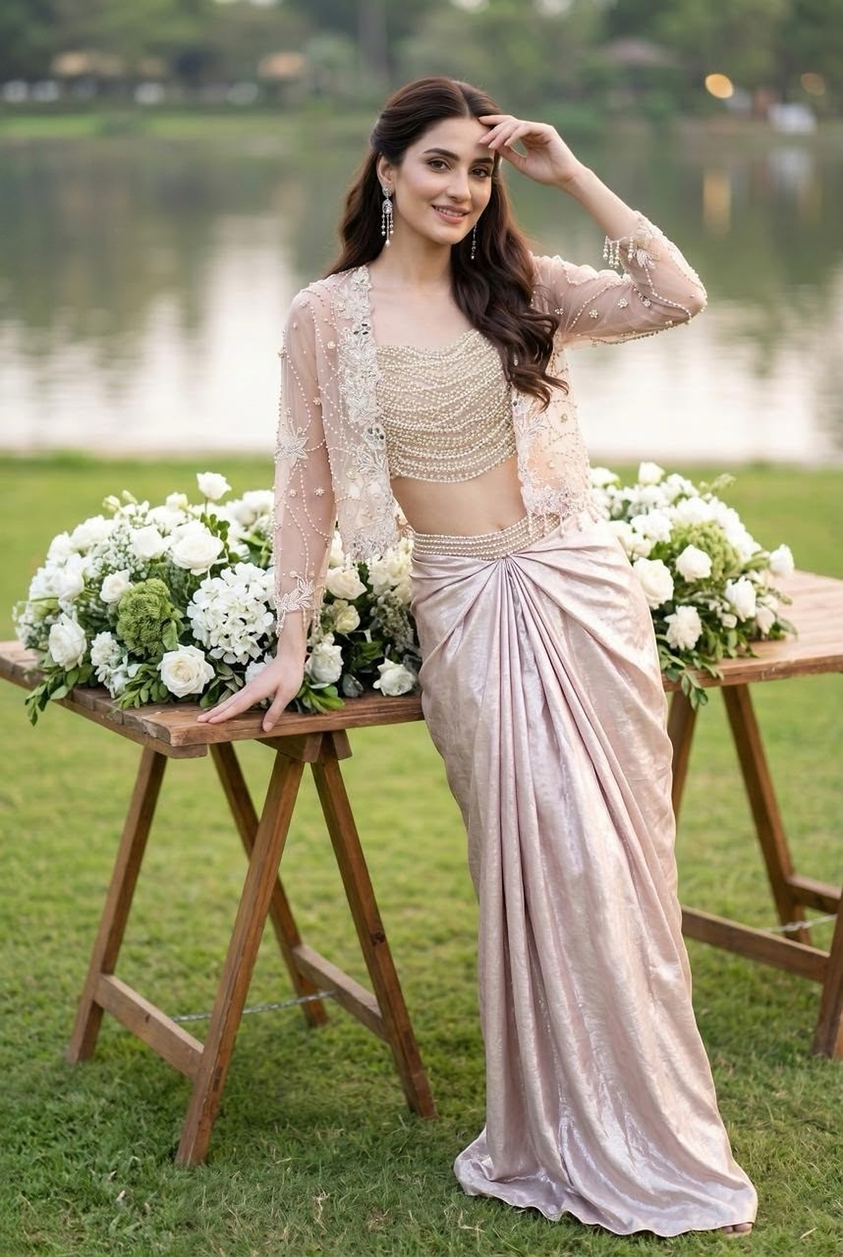 Champagne Blush Silver Pearl Embroidered Draped Saree Jacket Set