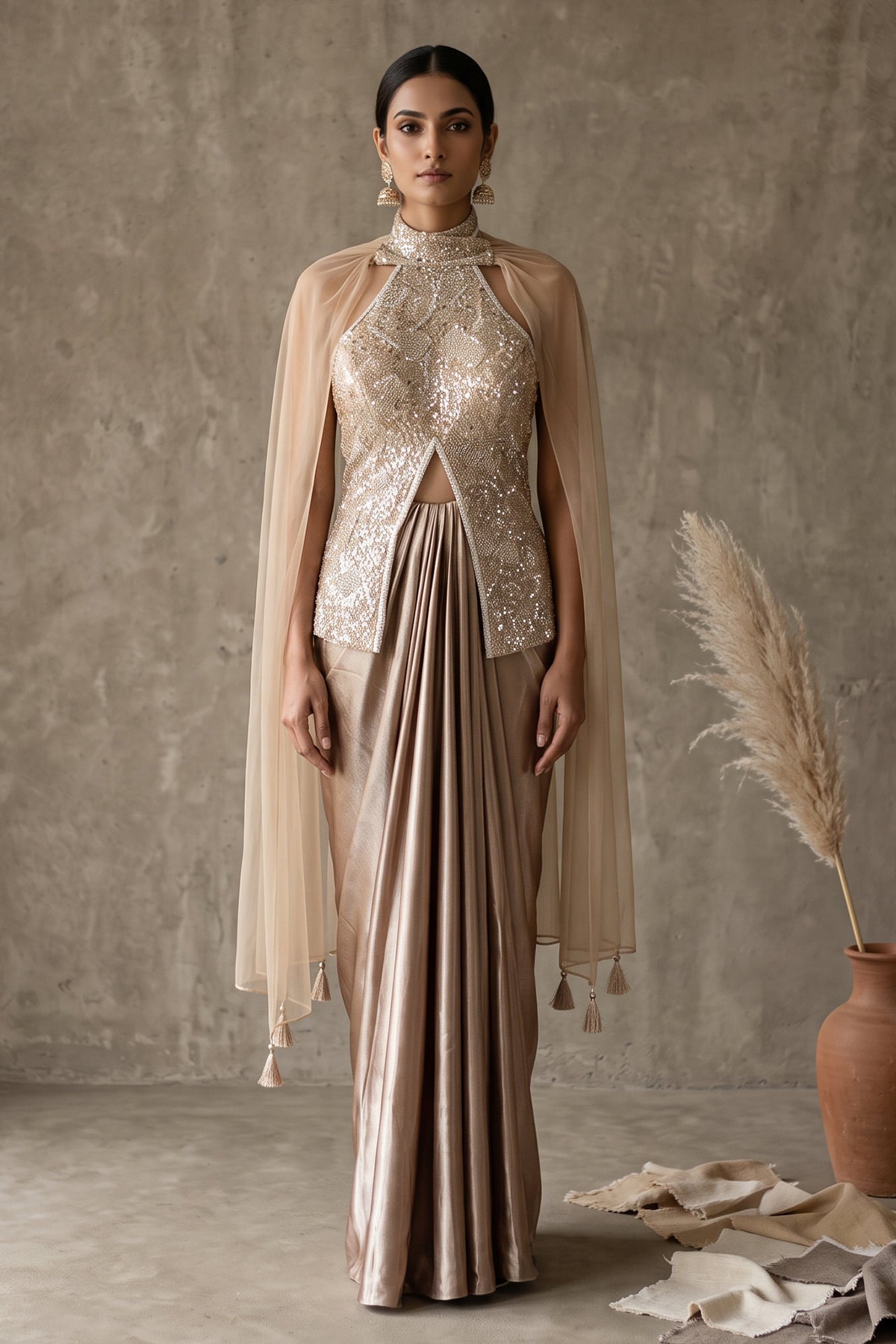 Champagne Gold Silver Crystal Jewel Cape Draped Skirt Set
