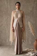 Champagne Gold Silver Crystal Jewel Cape Draped Skirt Set
