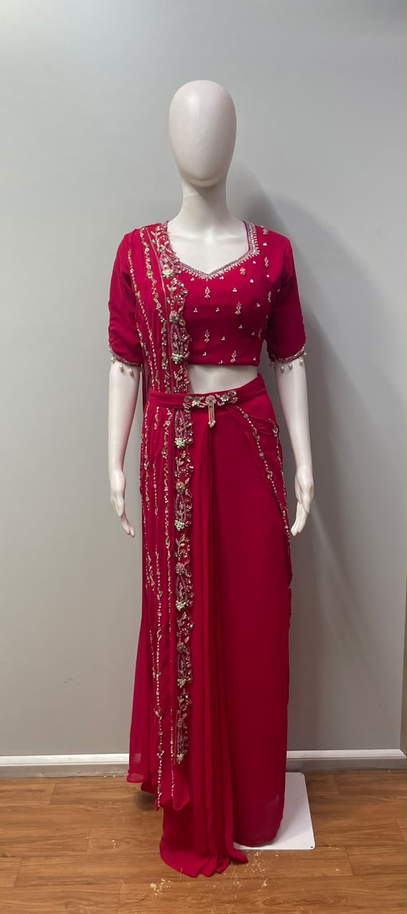 Red Draped Saree with Handcrafted Blouse | Label S4U