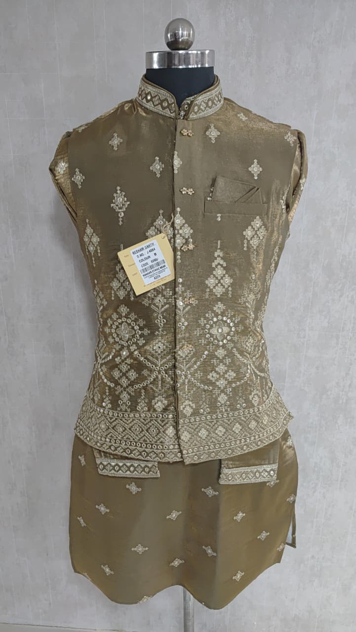 Antique Olive Ivory Motif Nehru Jacket Set