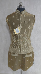 Antique Olive Ivory Motif Nehru Jacket Set