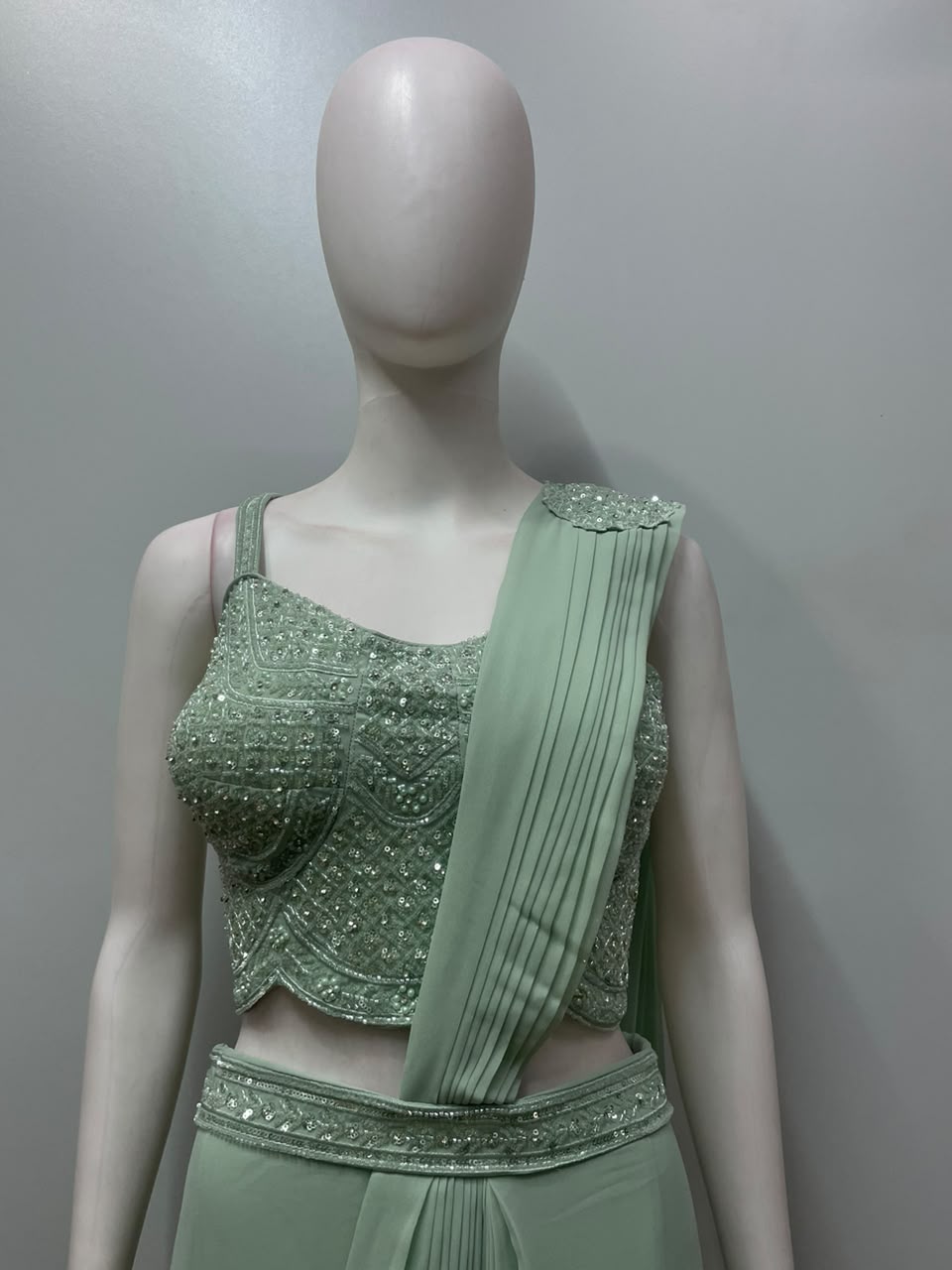 Mint Silver Embroidered Pre-Draped Saree Set