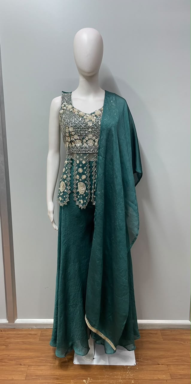 Deep Teal Gold Embroidered Peplum Palazzo Set