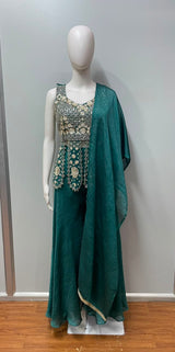 Deep Teal Gold Embroidered Peplum Palazzo Set