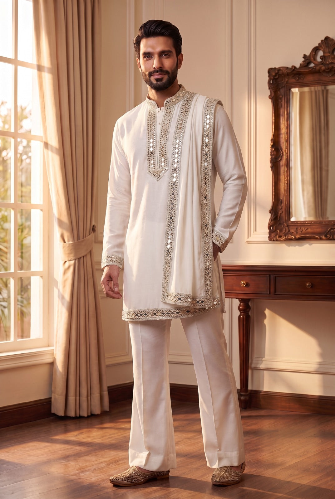 Ivory Silver Men's Kurta Drape Set