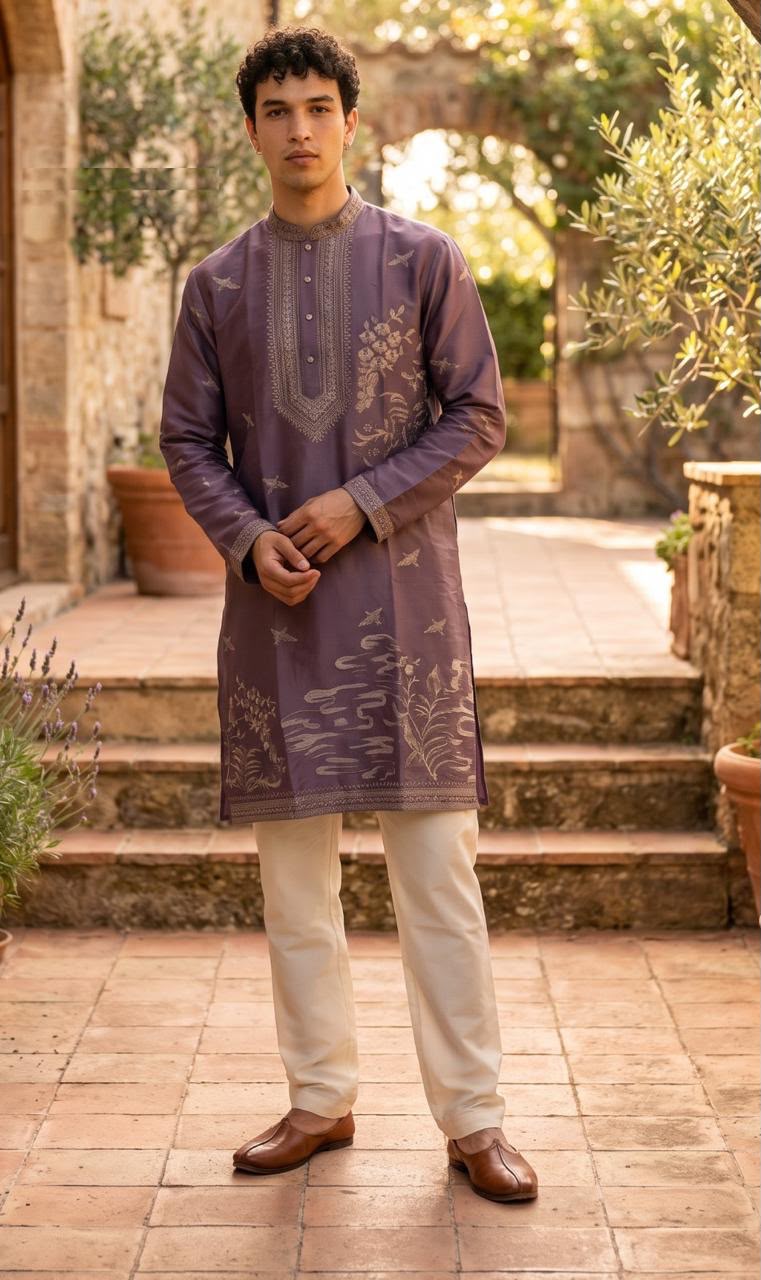 Men's mauve ash kurta with antique gold bird and botanical embroidery