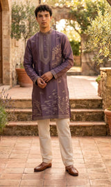 Men's mauve ash kurta with antique gold bird and botanical embroidery