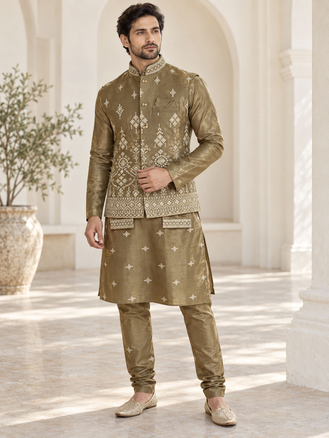 Antique Olive Ivory Motif Nehru Jacket Set
