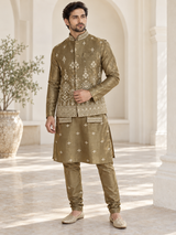 Antique Olive Ivory Motif Nehru Jacket Set