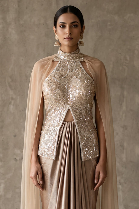 Champagne Gold Silver Crystal Jewel Cape Draped Skirt Set