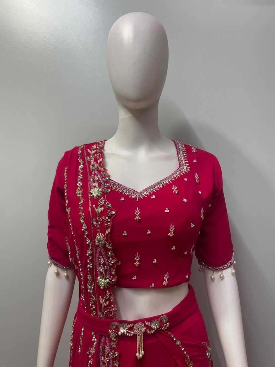 Red Draped Saree with Handcrafted Blouse | Label S4U