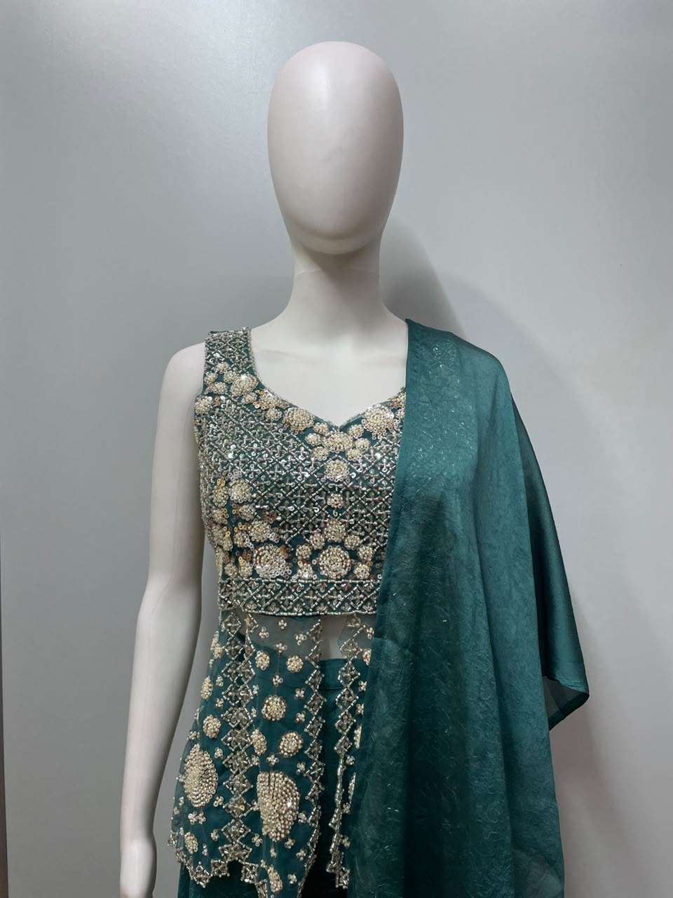 Deep Teal Gold Embroidered Peplum Palazzo Set