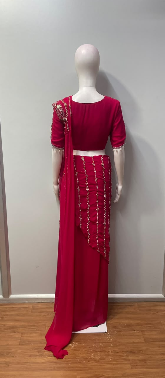 Red Draped Saree with Handcrafted Blouse | Label S4U