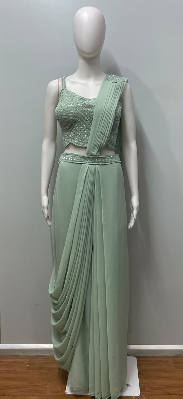 Mint Silver Embroidered Pre-Draped Saree Set