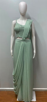 Mint Silver Embroidered Pre-Draped Saree Set