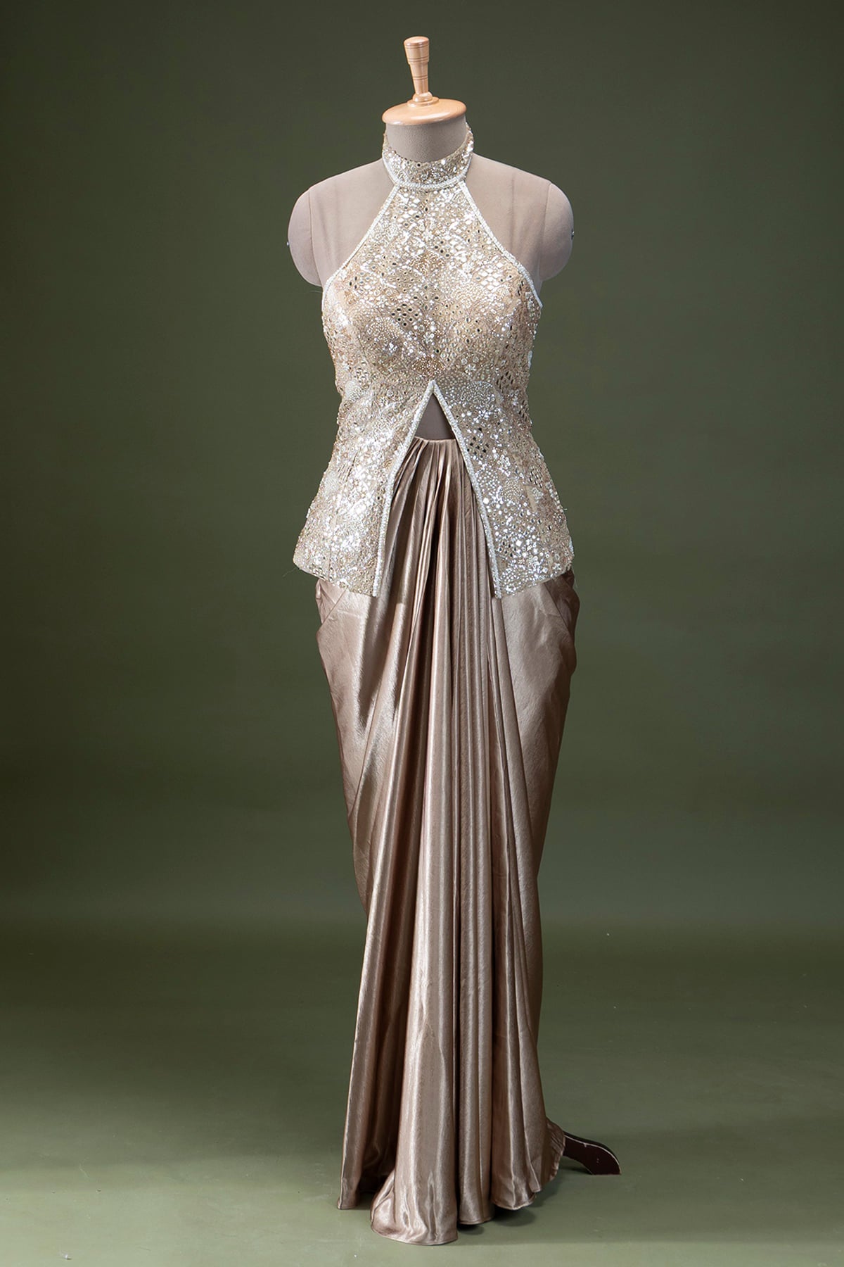 Champagne Gold Silver Crystal Jewel Cape Draped Skirt Set