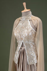 Champagne Gold Silver Crystal Jewel Cape Draped Skirt Set
