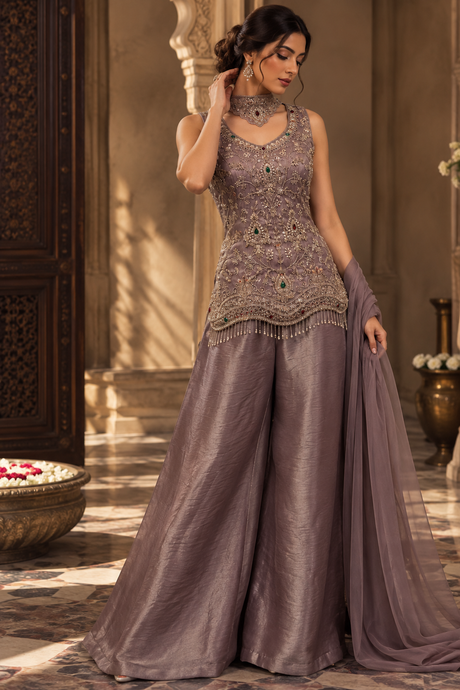 Dusty lilac palazzo set with jewel detailing and a coordinating neck detail