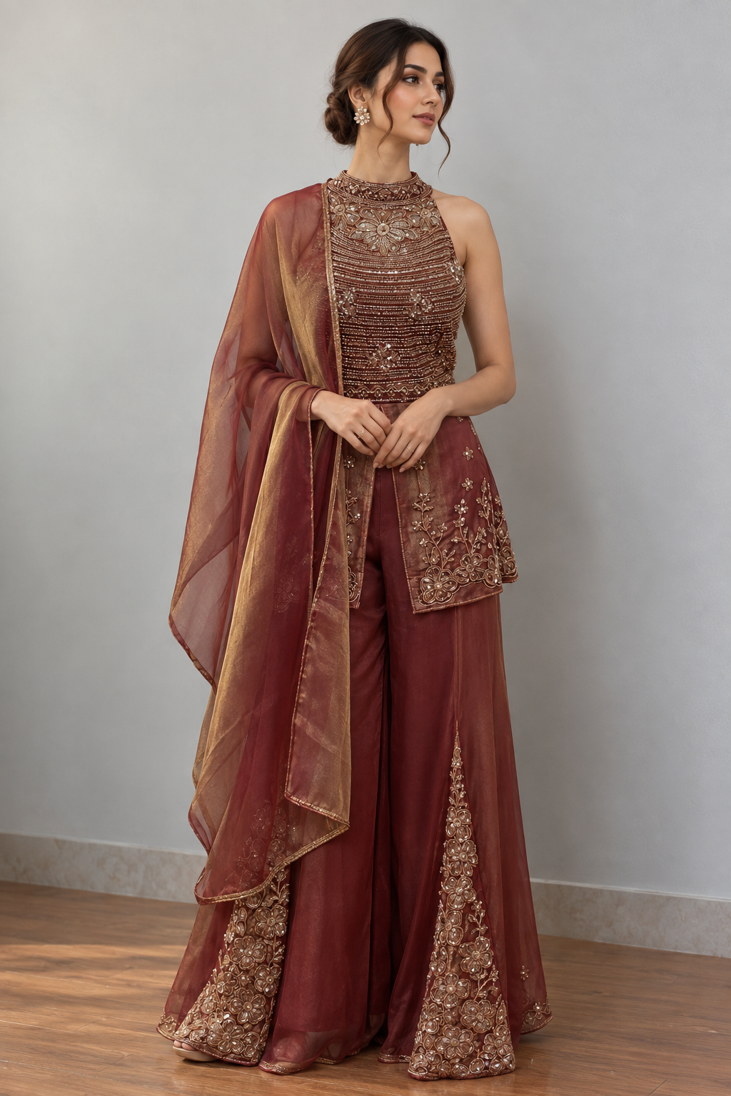 Vintage Rose Antique Gold Halter Palazzo Set