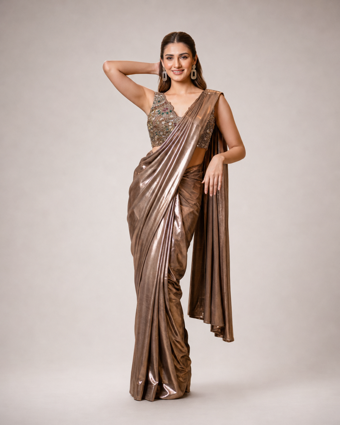 Bronze Metallic Embellished Draped Saree Ensemble