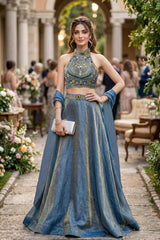Dusty Blue Gold Halter Lehenga Set