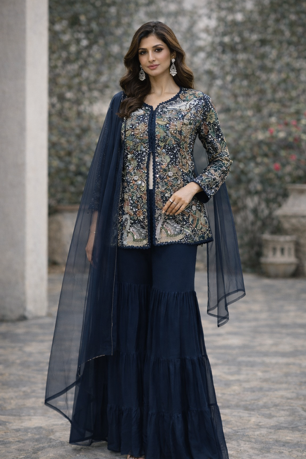 Midnight Peacock Embroidered Sharara Couture Set