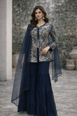 Midnight Peacock Embroidered Sharara Couture Set