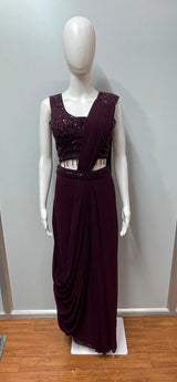 Wine Sequin Draped Saree Set