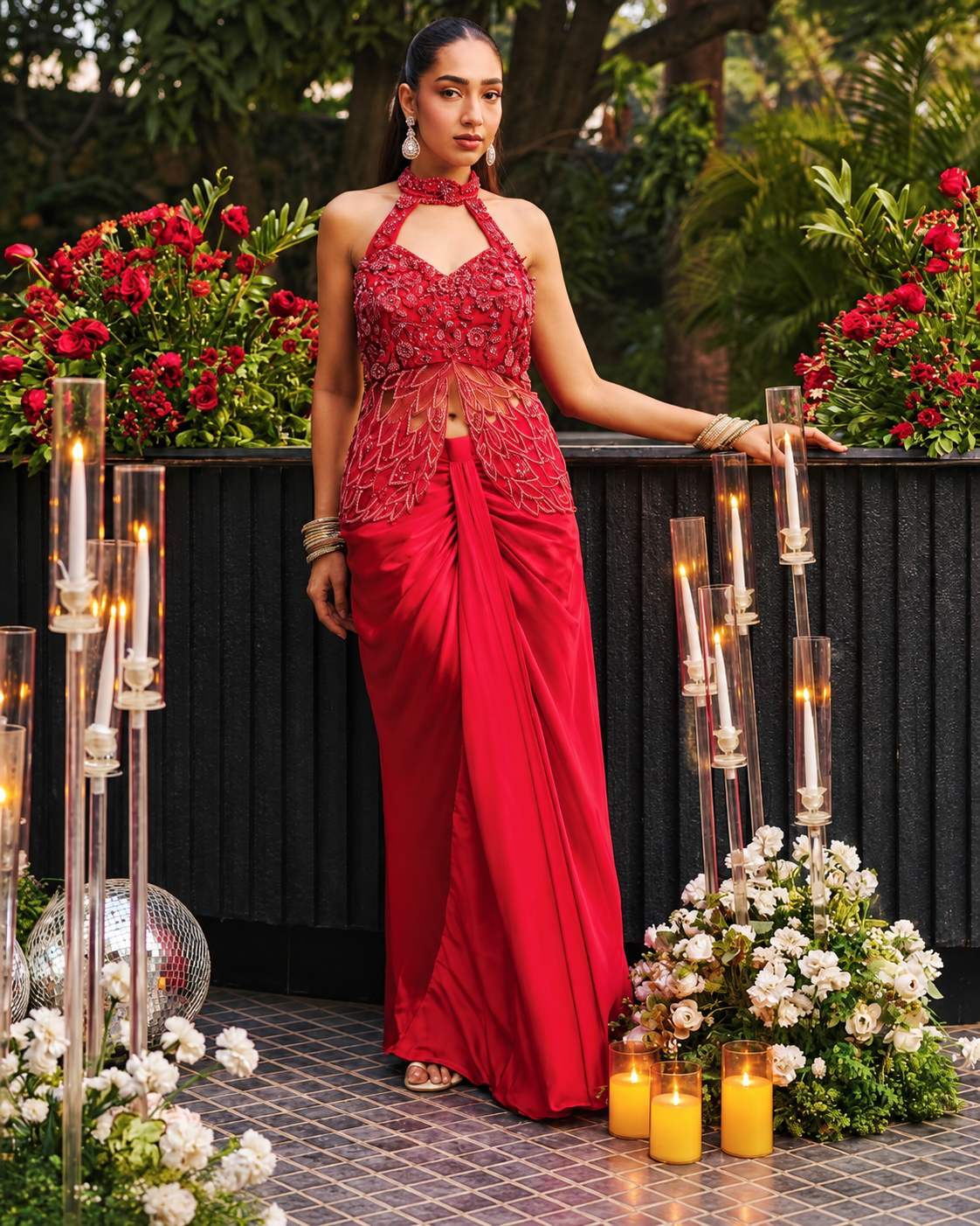 Scarlet Red Floral Jewel Halter Draped Skirt Set