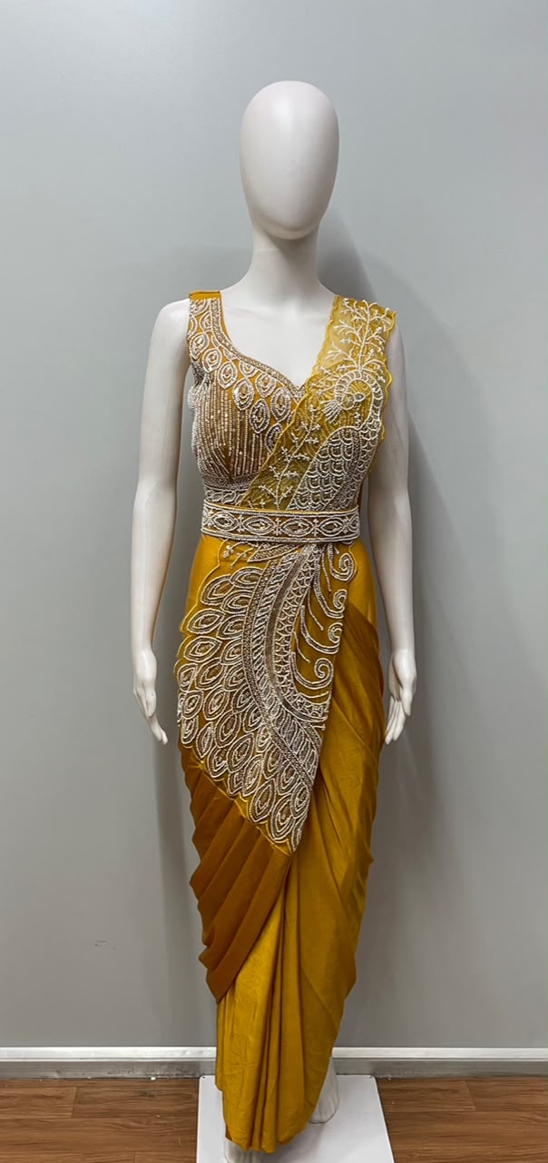 Mustard Silver Peacock Embroidered Draped Saree Set