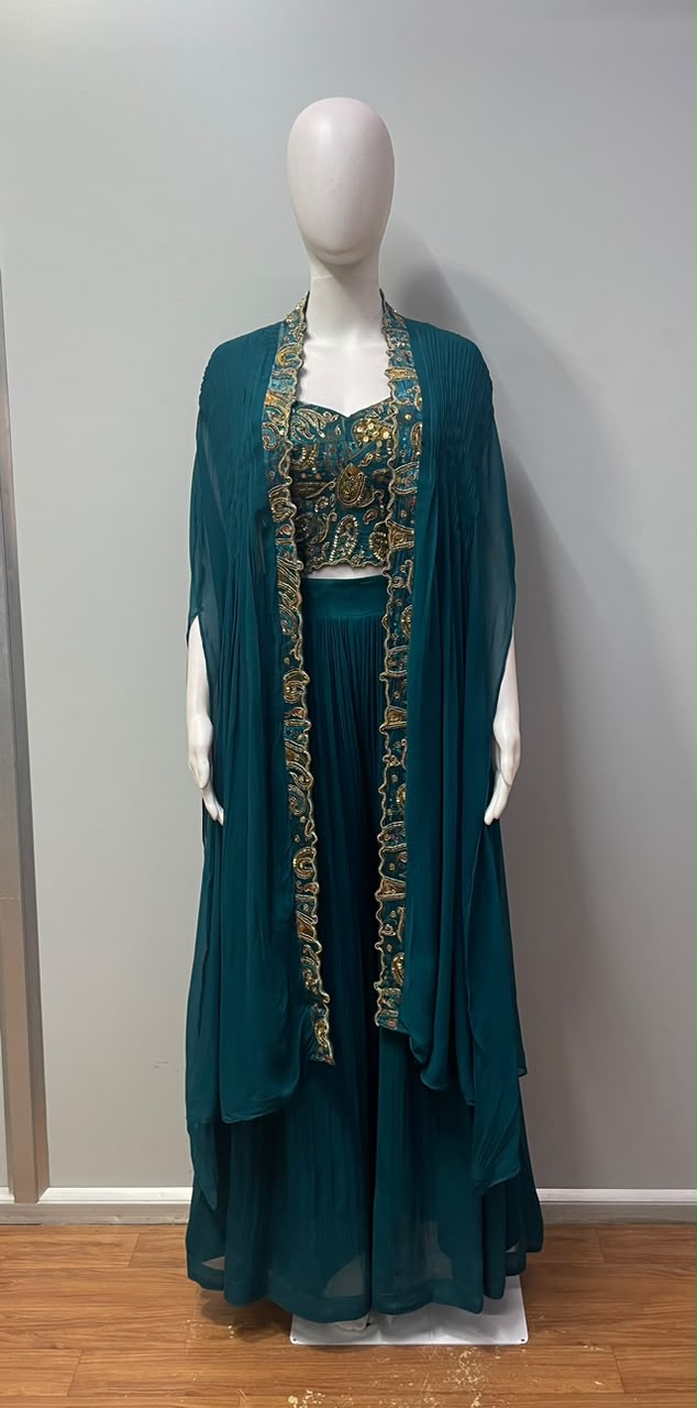 Deep Teal Gold Paisley Cape Palazzo Set