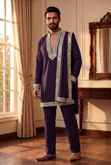 Deep Plum Silver Men's Kurta Drape Set