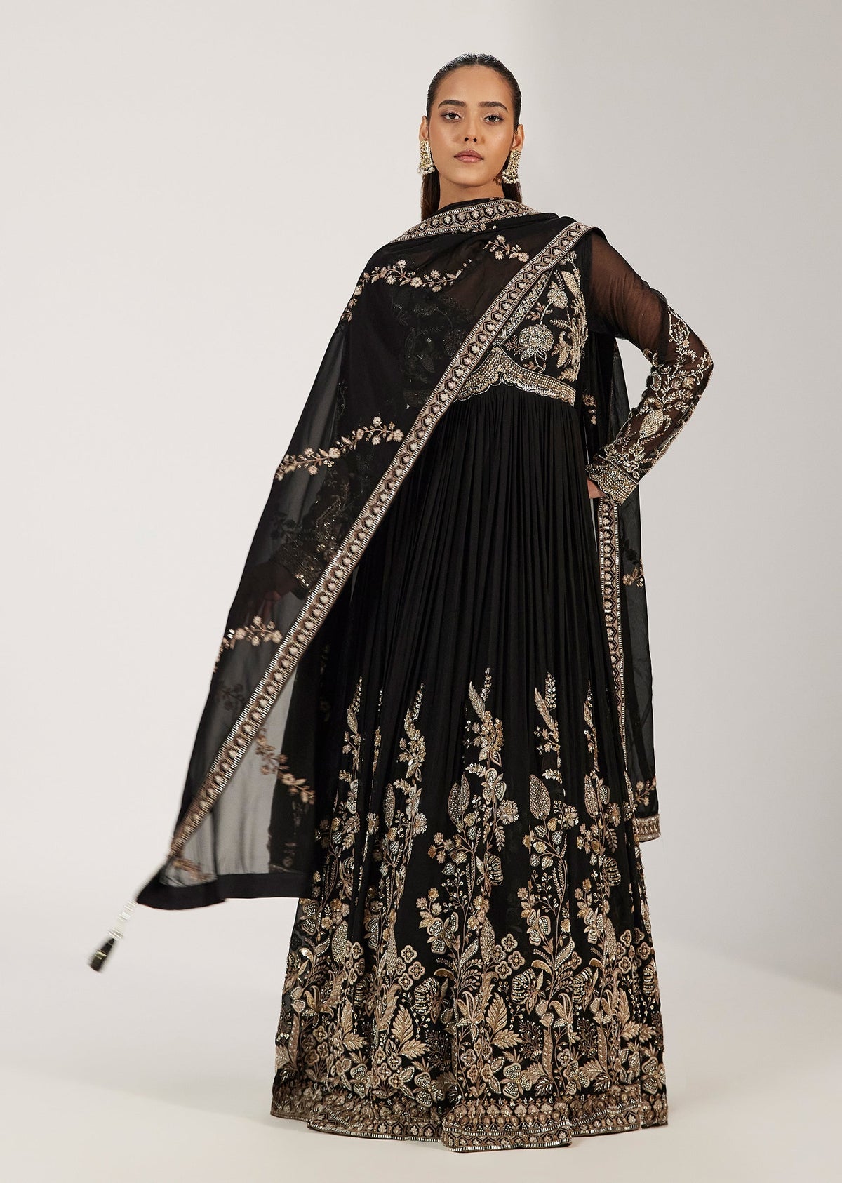 Midnight Black Antique Gold Floral Anarkali Set