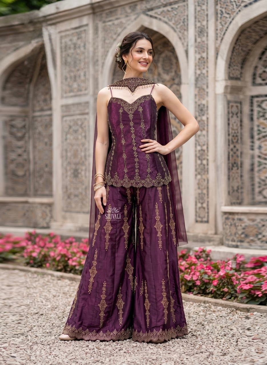 Deep Plum Antique Gold Jewel Palazzo Set