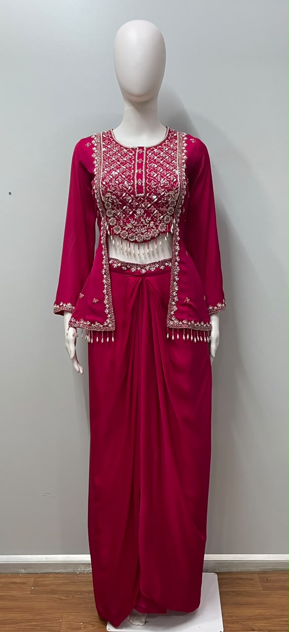 Rani Pink Silver Embroidered Dhoti Set