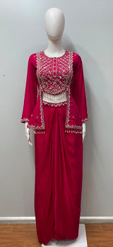Rani Pink Silver Embroidered Dhoti Set