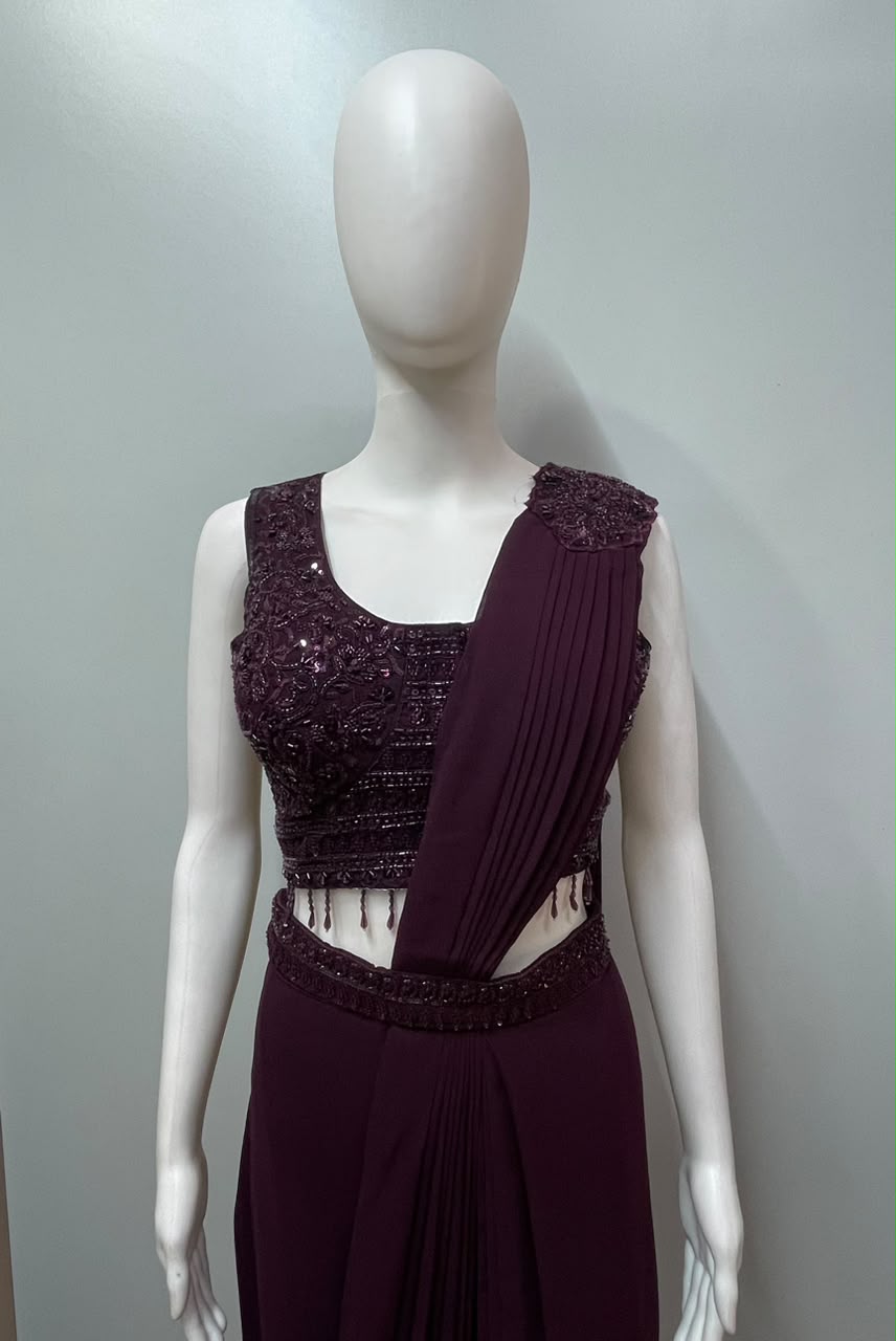 Wine Sequin Draped Saree Set
