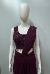 Wine Sequin Draped Saree Set