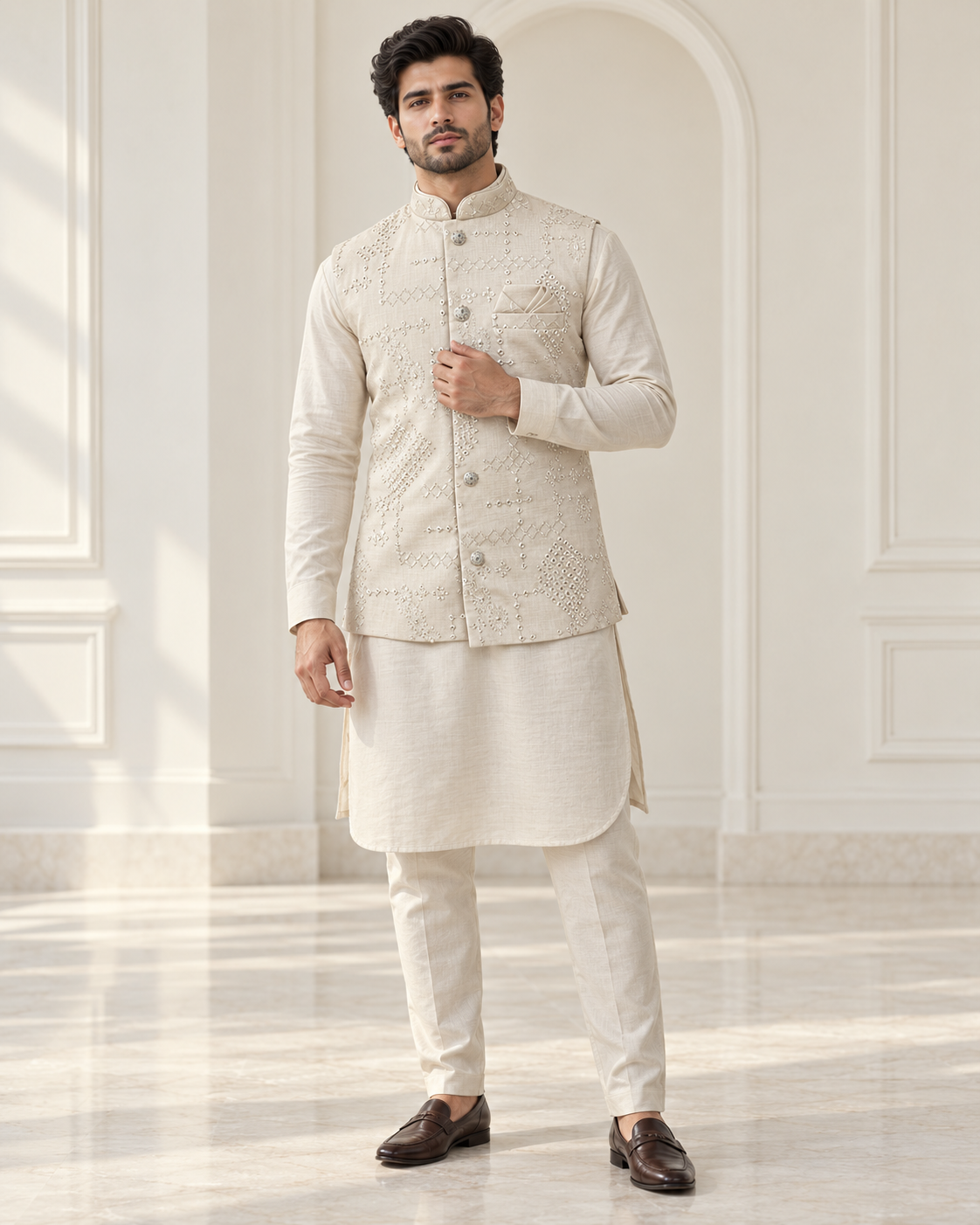 Ivory Silver Geometric Nehru Jacket Kurta Set