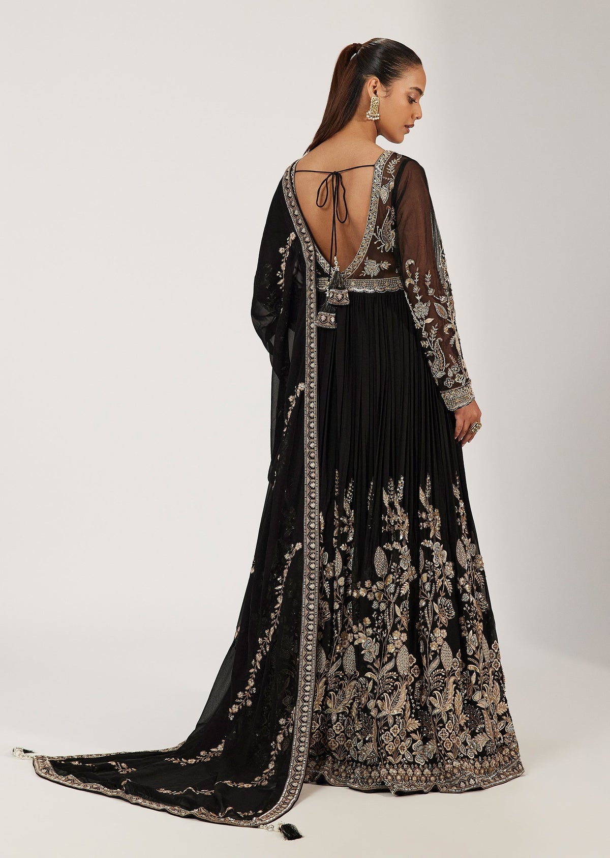 Midnight Black Antique Gold Floral Anarkali Set