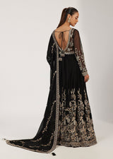 Midnight Black Antique Gold Floral Anarkali Set