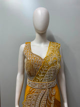 Mustard Silver Peacock Embroidered Draped Saree Set