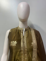 Antique olive lehenga set with a flared embroidered skirt