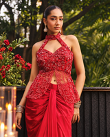 Scarlet Red Floral Jewel Halter Draped Skirt Set